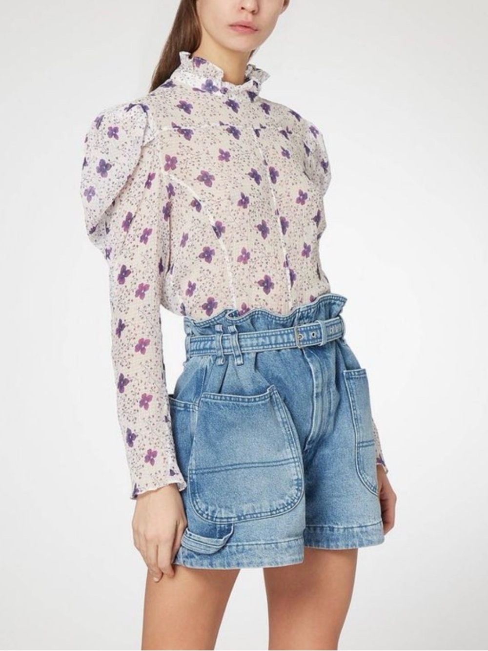 Isabel Marant Emsley top floral puff sleeve white purple size 38 US 6